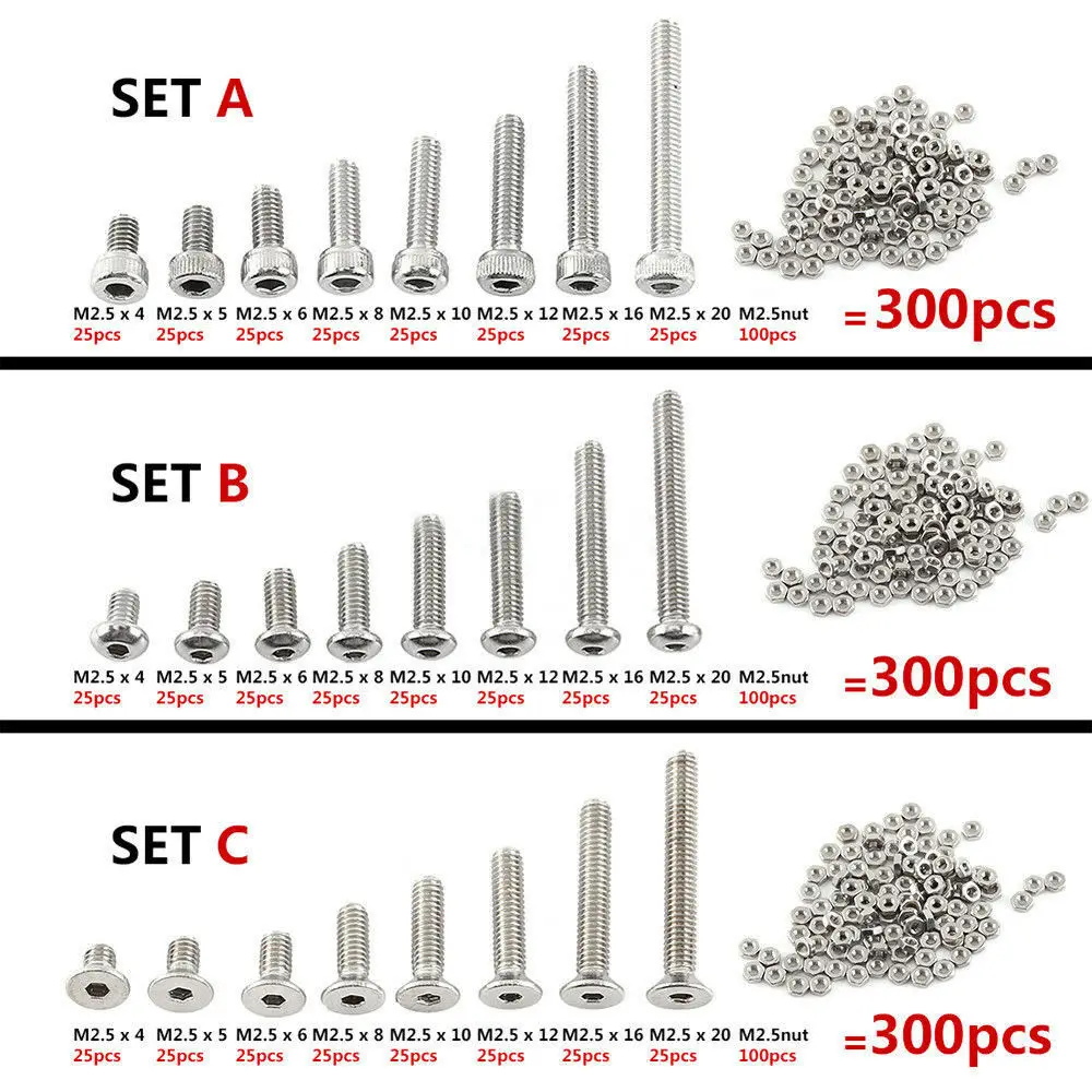 300pcs M2.5(2.5mm)  Stainless Steel Screws Bolt With Hex Nuts Assortment Tools