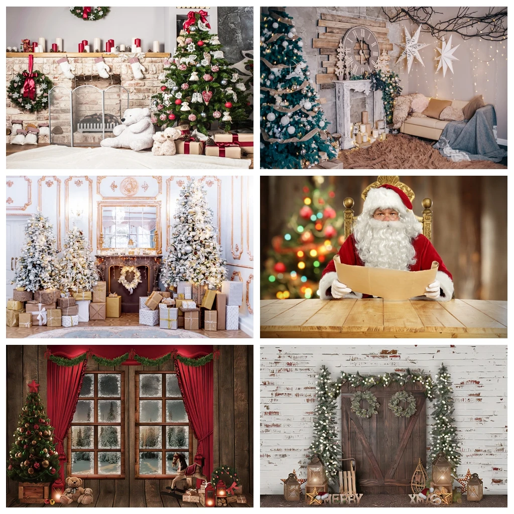 Laeacco-cenários de fotografia de natal, árvore, presente, lareira, urso, vela, foto, fundos, retrato para família, adereços de zona fotográfica