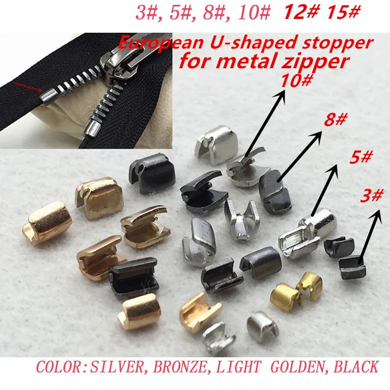 20pcs/lot 3#5#8#10#12#15golden silver black bronze U-shaped long European metal zipper stopper for repair zipper accessories2013