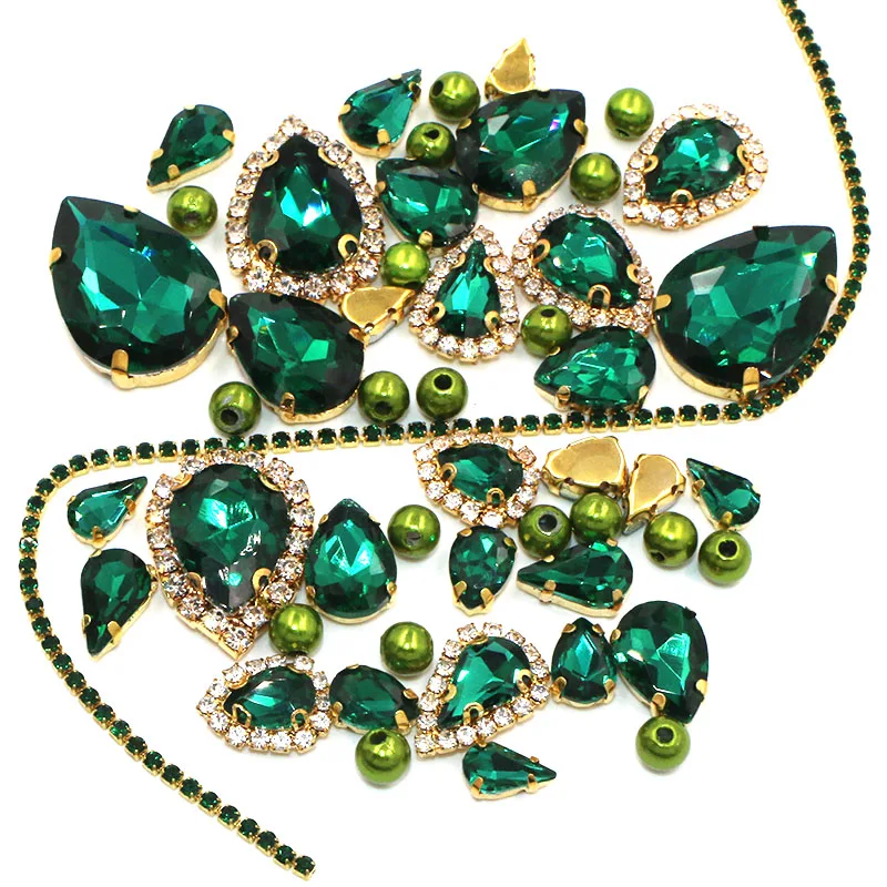 

Wedding Decoration gold base Peacock green Mix size Glass Crystal Stones Pearl Beads Cup Chain Rim Rhinestones Sew On Clothing