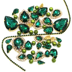 Wedding Decoration gold base Peacock green Mix size Glass Crystal Stones Pearl Beads Cup Chain Rim Rhinestones Sew On Clothing