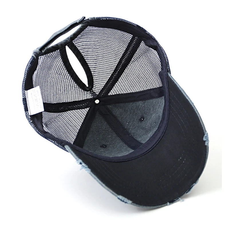 Women Summer Ponytail Baseball Cap Cottony Denim Patchwork Mesh Broken Sunhat Outdoor Sports Vintage Snapback Golf Baseball Hat