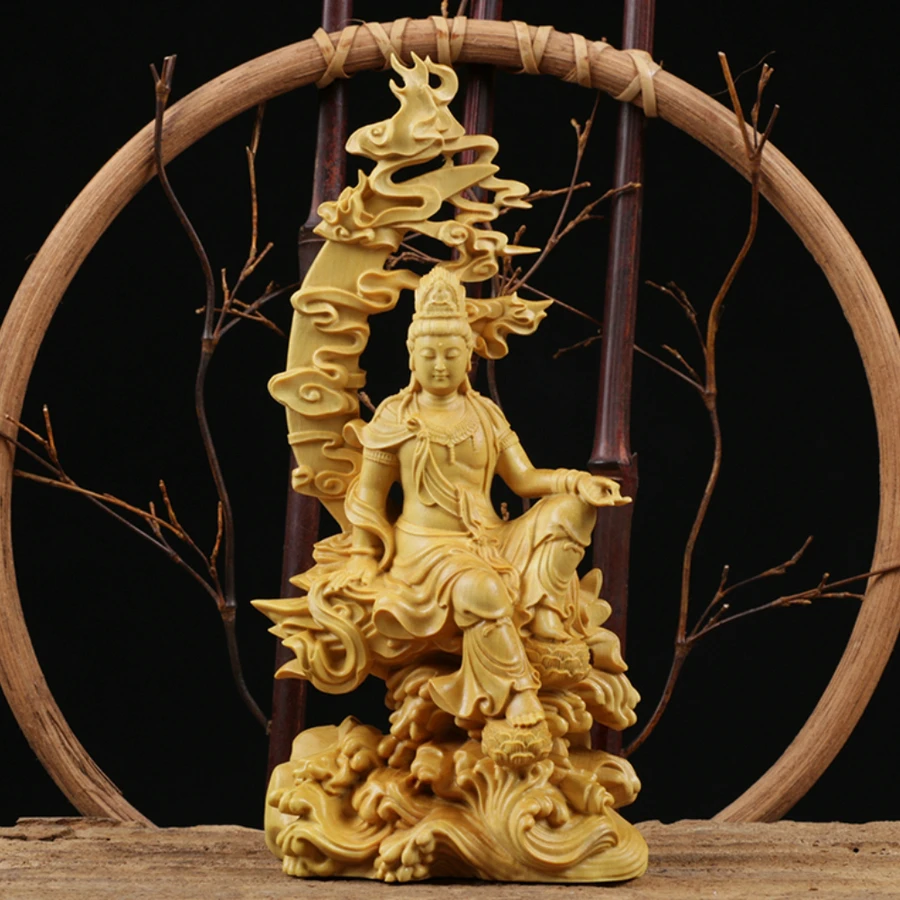 Guanyin Buddha Statue Bodhisattva Sculpture Craft Wood Home Living Room Decor