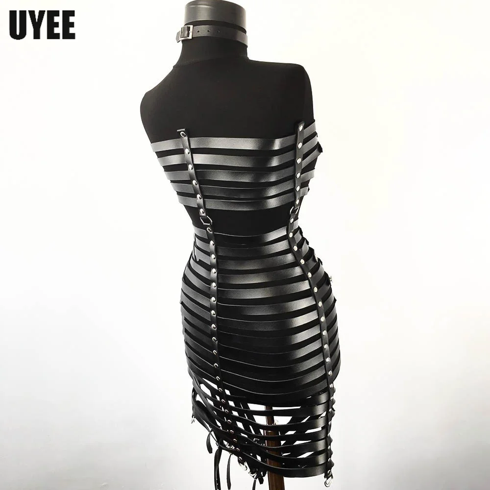 UYEE Women Harness Skrit Full Body PU Leather Sexy Body Bondage Chest Leg Strap Belt Stockings Clubwear Luxury Dress Suspenders