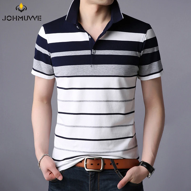 JOHMUVVE   New Men Lapel Short-sleeved POLO Multi-color Stripes Trendy All-match Casual Business Work Men Summer