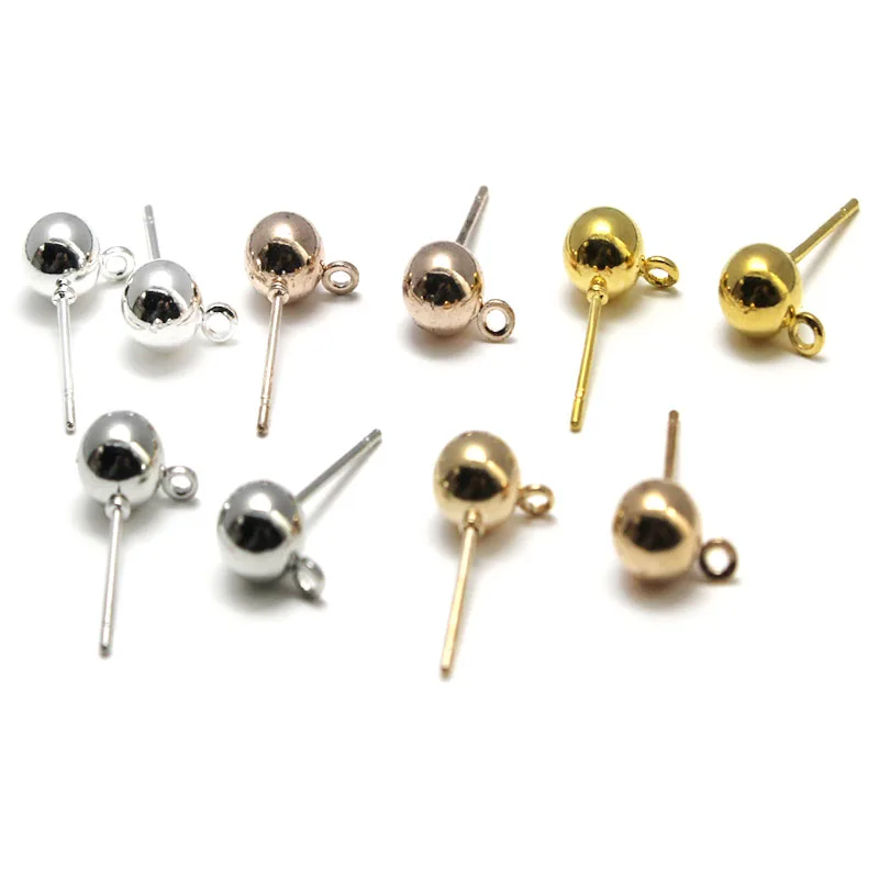 50pcs/lot 3 4 5 6mm Round Ball Stud Earring Post Pins Needle with Loop for DIY Earrings Jewelry Making Findings Accessories