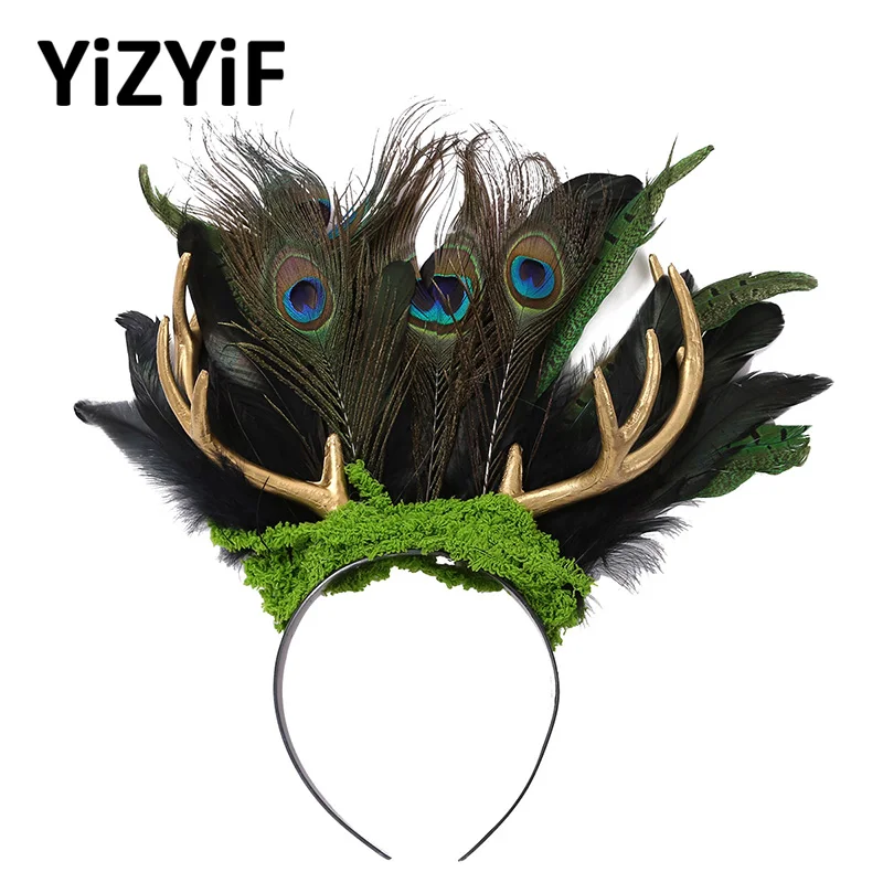 Gothic Feather Headband Headwear Natural Real Peacock Feather Elk Antler Hair Hoop Headdress Halloween Party Costume Accessories