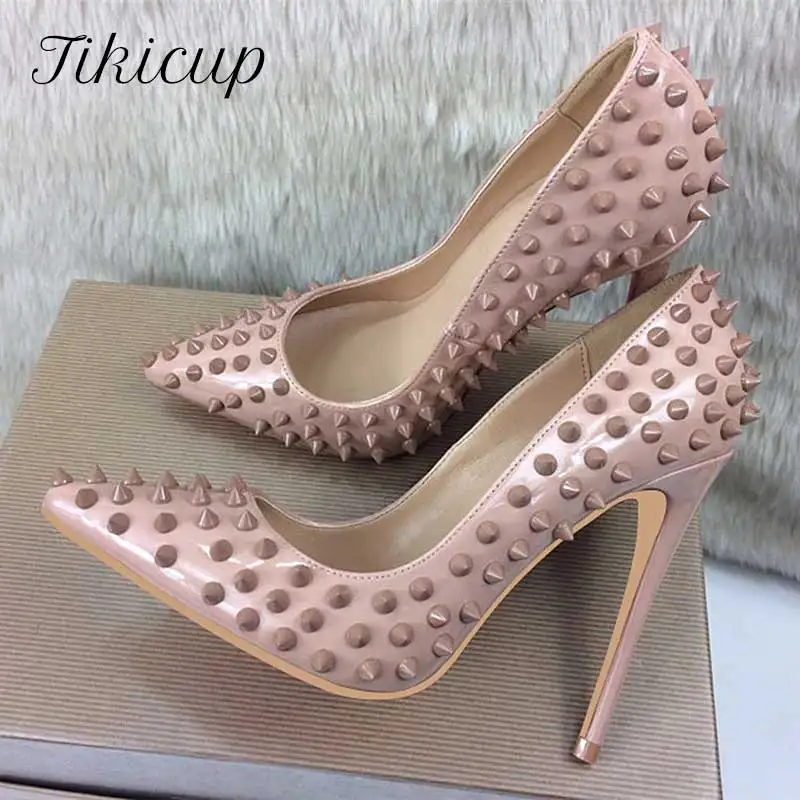 

Tikicup Full Spikes Women Nude Patent Pointy Toe High Heels Sexy Ladies Slip On Stilettos Studs Pumps Wedding Party Dress Shoes