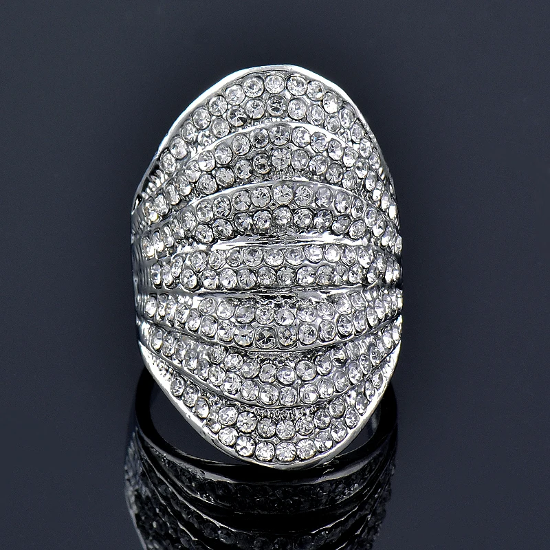 KIOOZOL Vintage Luxury Black Silver Color Mezzanine Crystal Ring Women Large Cocktail Ring Jewelry Accessories180 KO4