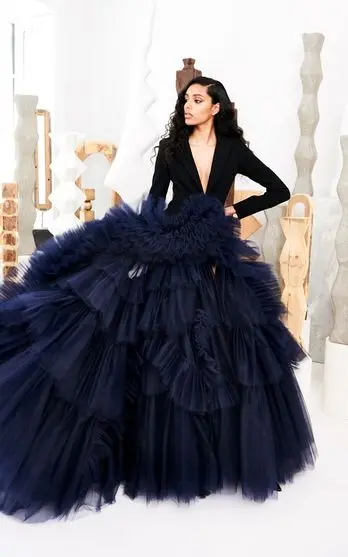 Extra Puffy Tulle Skirt for Women Ball Gown Navy Blue Floor Length Maxi Skirt for Prom Party Ruffled Lush Evening Skirt Custom