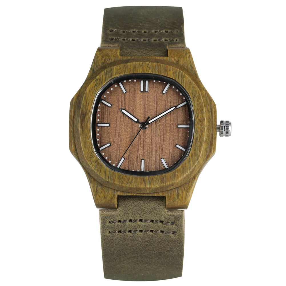 

Men's Quartz Wristwatch Classic Natural Green Sandal Wooden Watch Durable Leather Strap Pin Buckle Watch