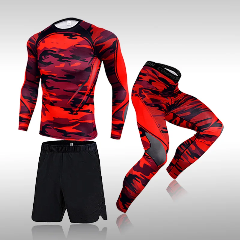 3 Pcs Tracksuits Suit Men Running Sports Suit MMA Compression Sportswear Rashguard Male Bodybuilding T-shirt Pants Man Training