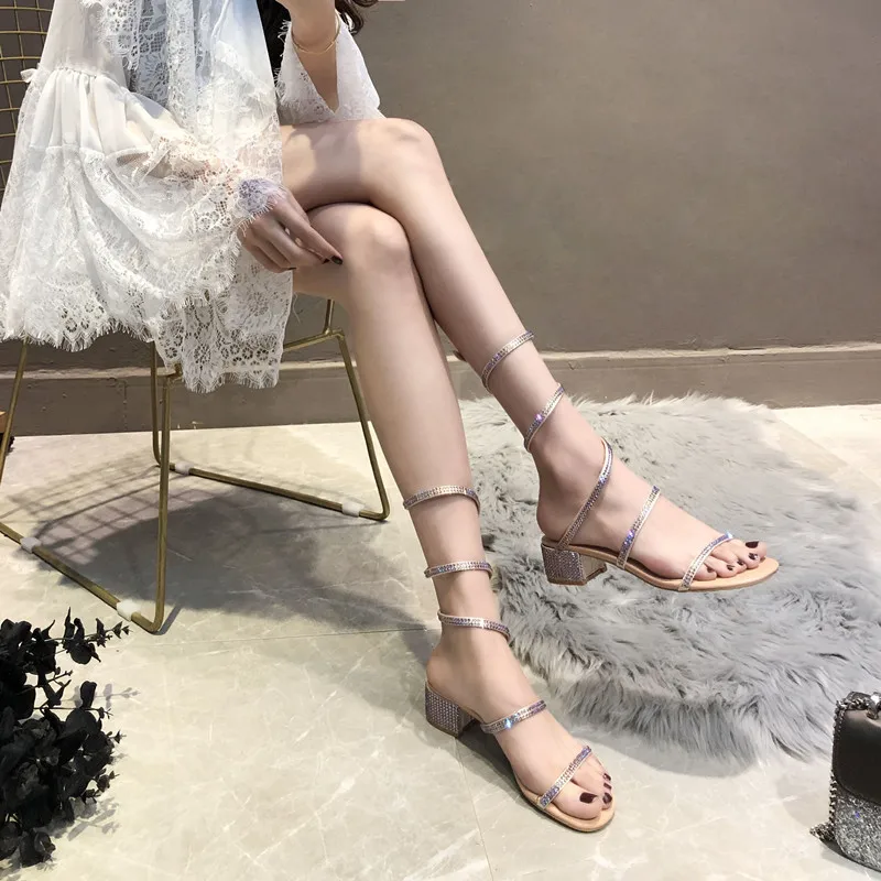 2020 Summer New Snake-Shaped Winding Sandals Semi-High Heeled All-match Crystal Fairy Wind Open Toe A- line Women\'s Shoes