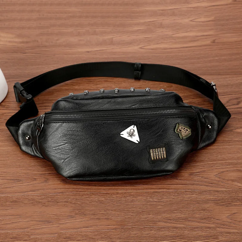 Waist Bag 2023 New High-end Brand PU Leather Men\'s Belt Bags Travel Handy Fanny Pack Male Tide Skull Rivet Waist Packs