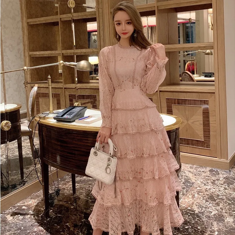 Summer Lace Flower Embroidery Long Cake Dress Women A-Line Long Sleeve Six Layers Ruffles Dress Runway Elegant Party Dress A383