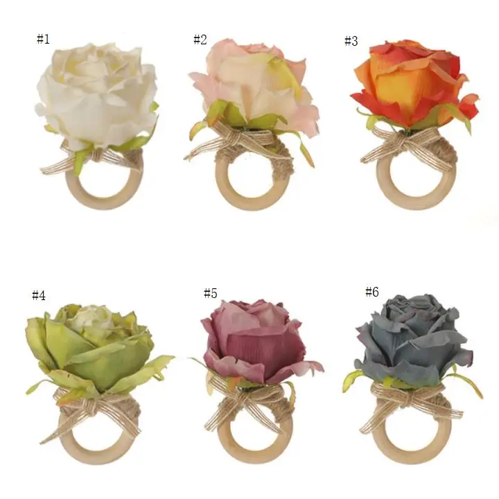 

7 color Wooden Napkin buckle clasp hand woven linen rope Artificial Flower Napkins Ring Hotel table SN2124