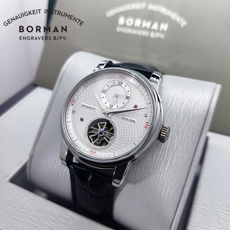 BORMAN Dual Time Zone Skeleton Men Watches White Dial Sapphire Glass Waterproof Genuine Leather Band Automatic Mechanical Watch