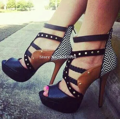 New Snakeskin Leather Rivets Platform Sandals Women Sexy Peep Toe Mixed Color Stiletto Heel Sandals Shoes Lady Party High Heels