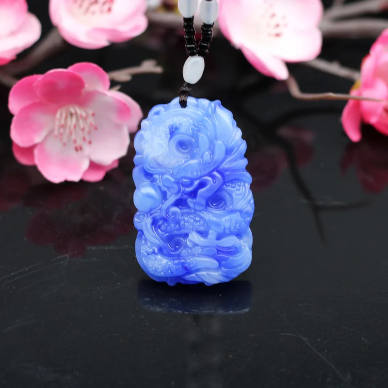 

Natural Blue White Jade Dragon Pendant Necklace Chinese Hand-Carved Charm Jewelry Fashion Amulet Accessories for Men Women Gifts