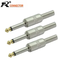 10pcs/lot 1/4 inch Plug Jack 6.35mm Mono Male Connector With Spring Tail Gold Plated Guitar Effects Pedal Microphone Connector
