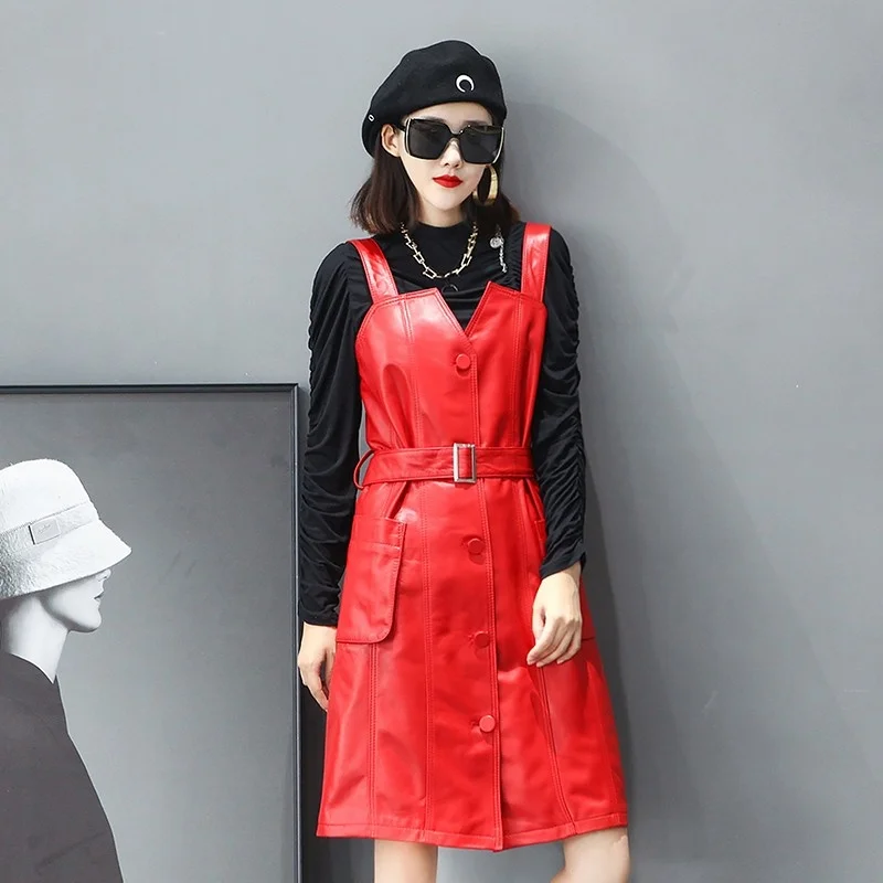 Street High Genuine Leather Dress Women Autumn Knee Length V-Neck Pocket Sashes Slim Single Breasted Straps Dress A-Line Dresses