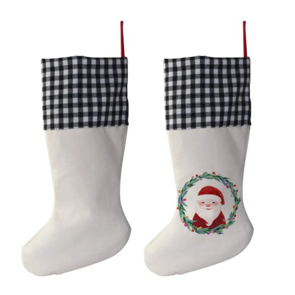 Sublimation Plaid Christmas Stocking Linen White Candy Socks Santa Gift Bag Xmas Tree Oranment Festival Supplies For Kid