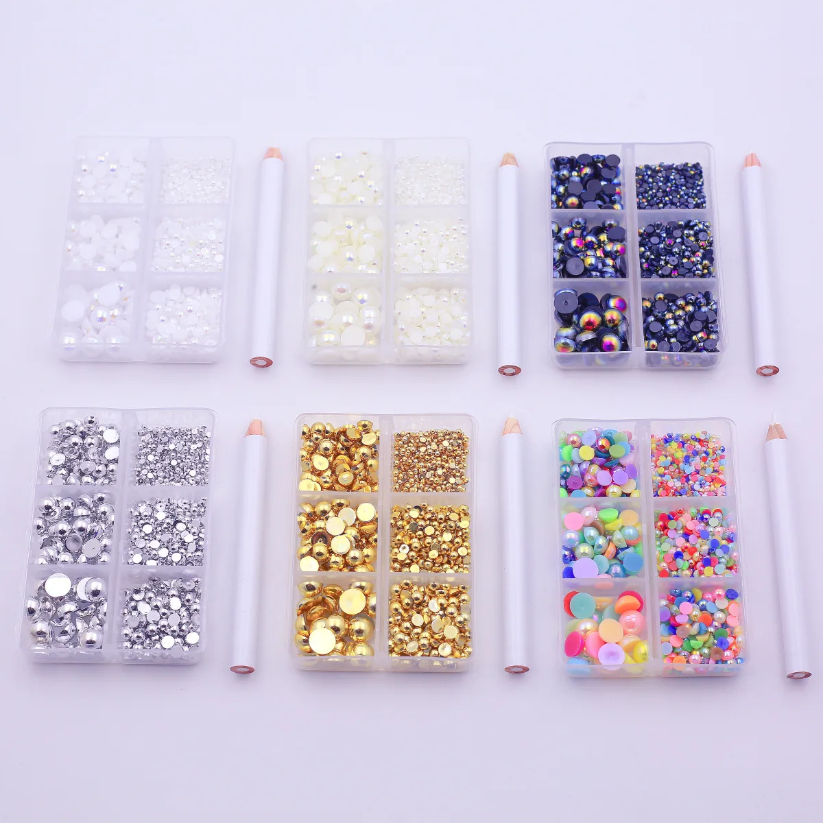 1000pcs 6 Grid Mixed Size 2-8mm Half Round Flat-back Pearl Diy Nail Art Clothing Shoes Hats Jewelry Decoration