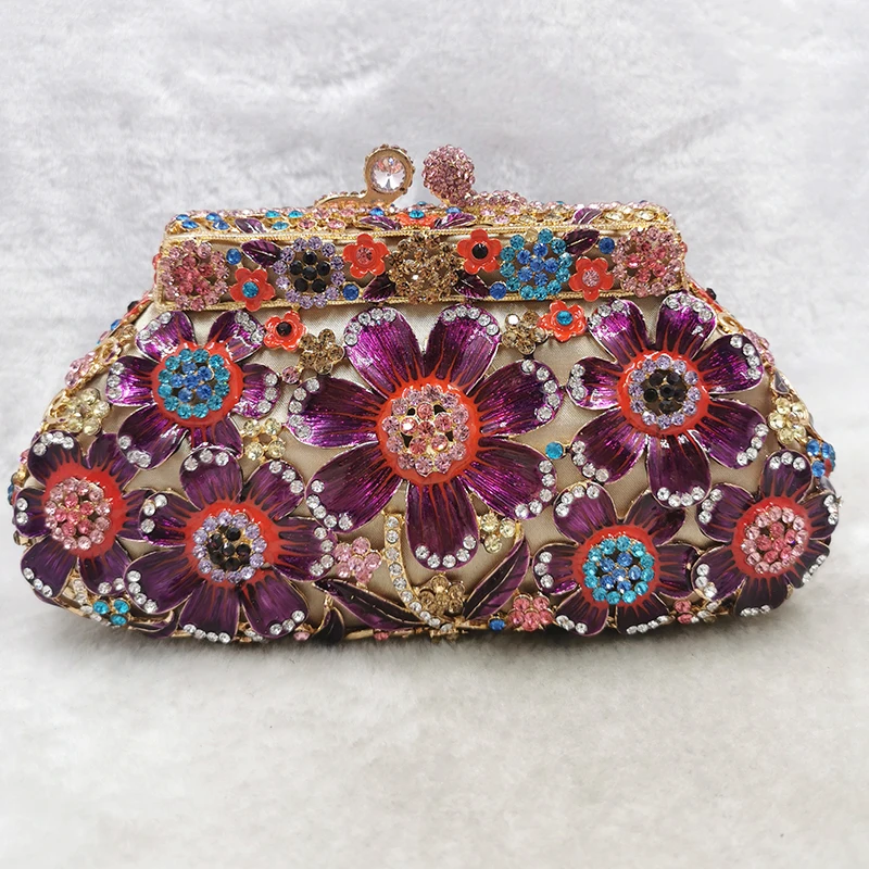 WHTUOHENG Diamond 3D Daisy Floral Women Purple/Blue Clutches Luxury Lady Crystal Handbags Fashion Designer Female  Minaudiere