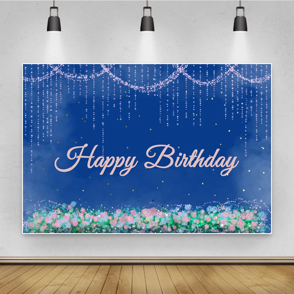 Laeacco Blue Birthday Backdrop Blooms Flowers Girl Portrait Famailly Shoot Birthday Party Photography Background Photo Studio