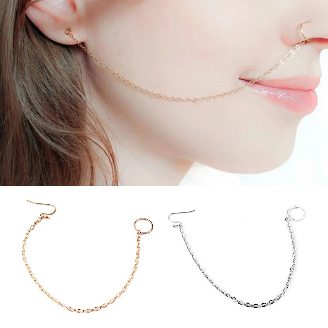 Ear Hook Nose Ring Body Jewelry Tassel Chain Link Nose Piercing Body Puncture Nostril Piercing for Women