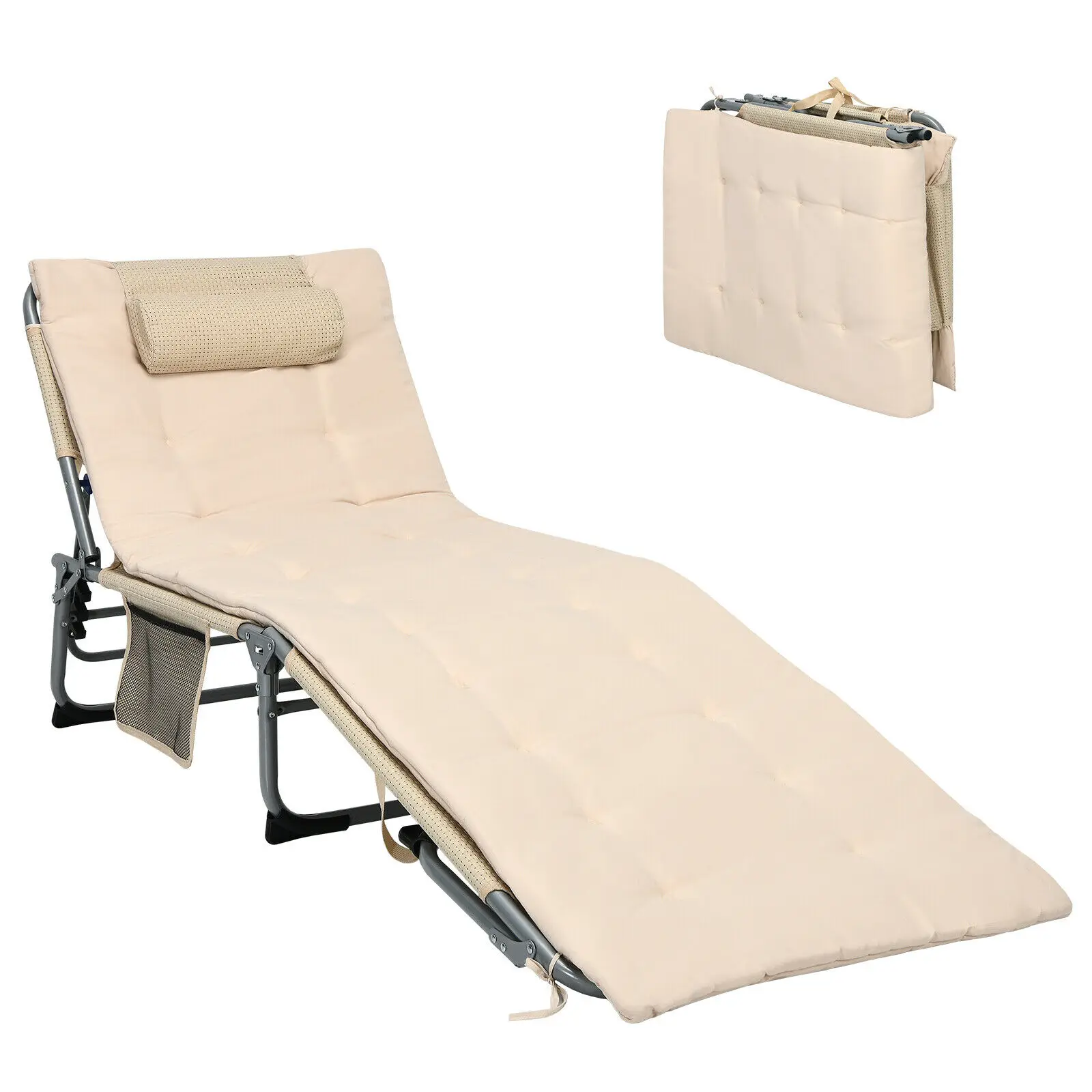 Costway 4-Fold Oversize Padded Folding Chaise Lounge Chair Reclining Chair Beige