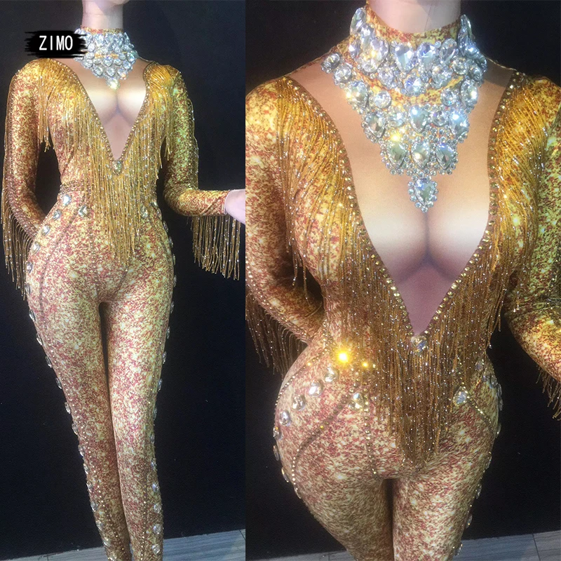 Shiny Crystal Rhinestone Gold Tassel Sexy Jumpsuit Women Nightclub Birthday Party Bar Stage Performance Bodycon Dance Costume