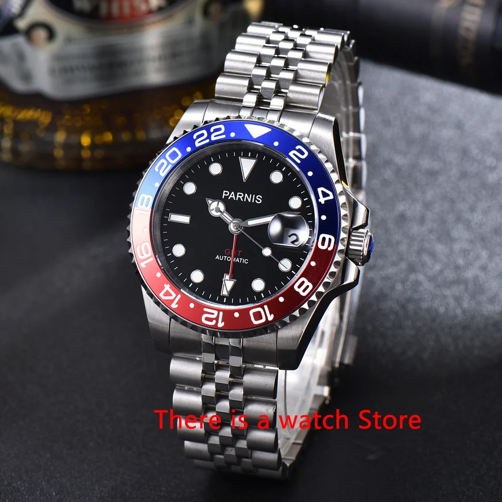 Parnis 40mm Automatic Mechanical Watch Men Black Dial GMT Ceramic Bezel Luxury Luminous Waterproof Sapphire Male Wristwatch