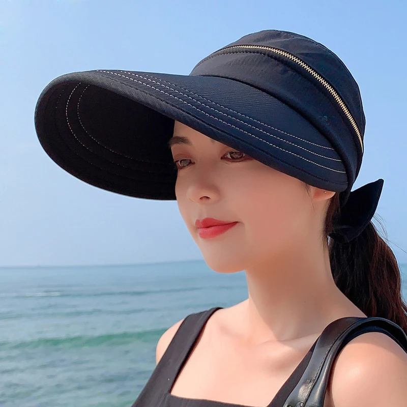 Summer Women Ponytail Empty Top Cap Wide Brim Anti-UV Bowknot Beach Hat Ladies Foldable Zipper Decoration Travel Sunscreen Caps