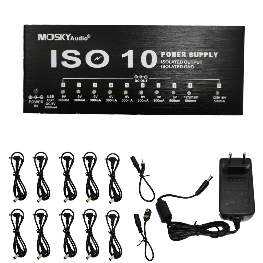 MOSKY ISO-10 Guitar Effect Pedal Power Supply 10 Isolated DC Outputs/ 5V USB Output for 9V 12V 18V Protection Guitar Accessories