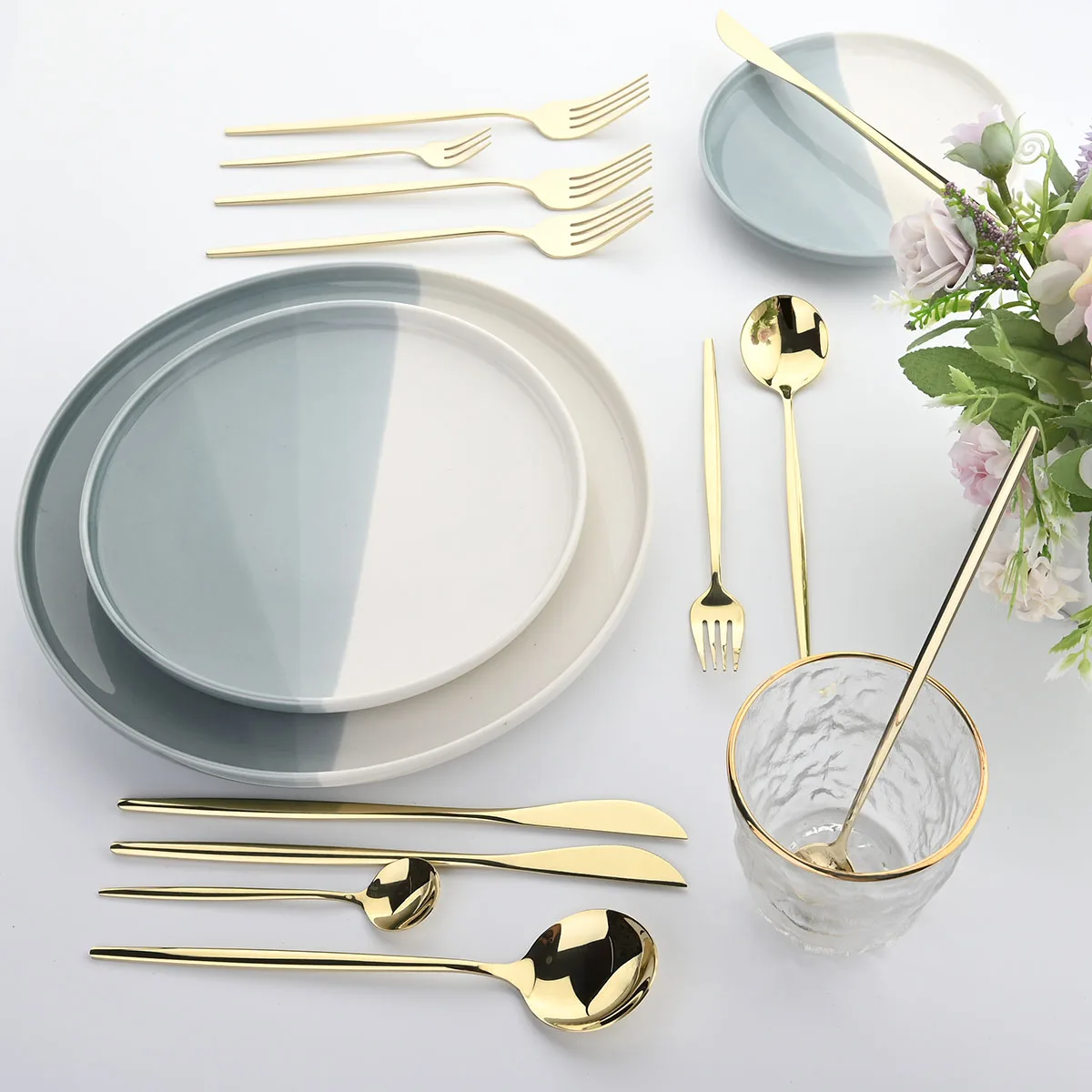 10Pcs Champagne Gold Dinnerware Stainelss Steel Cutlery Flatware Set Silverware Fork Spoon Knives Dessert Wedding Tableware Set