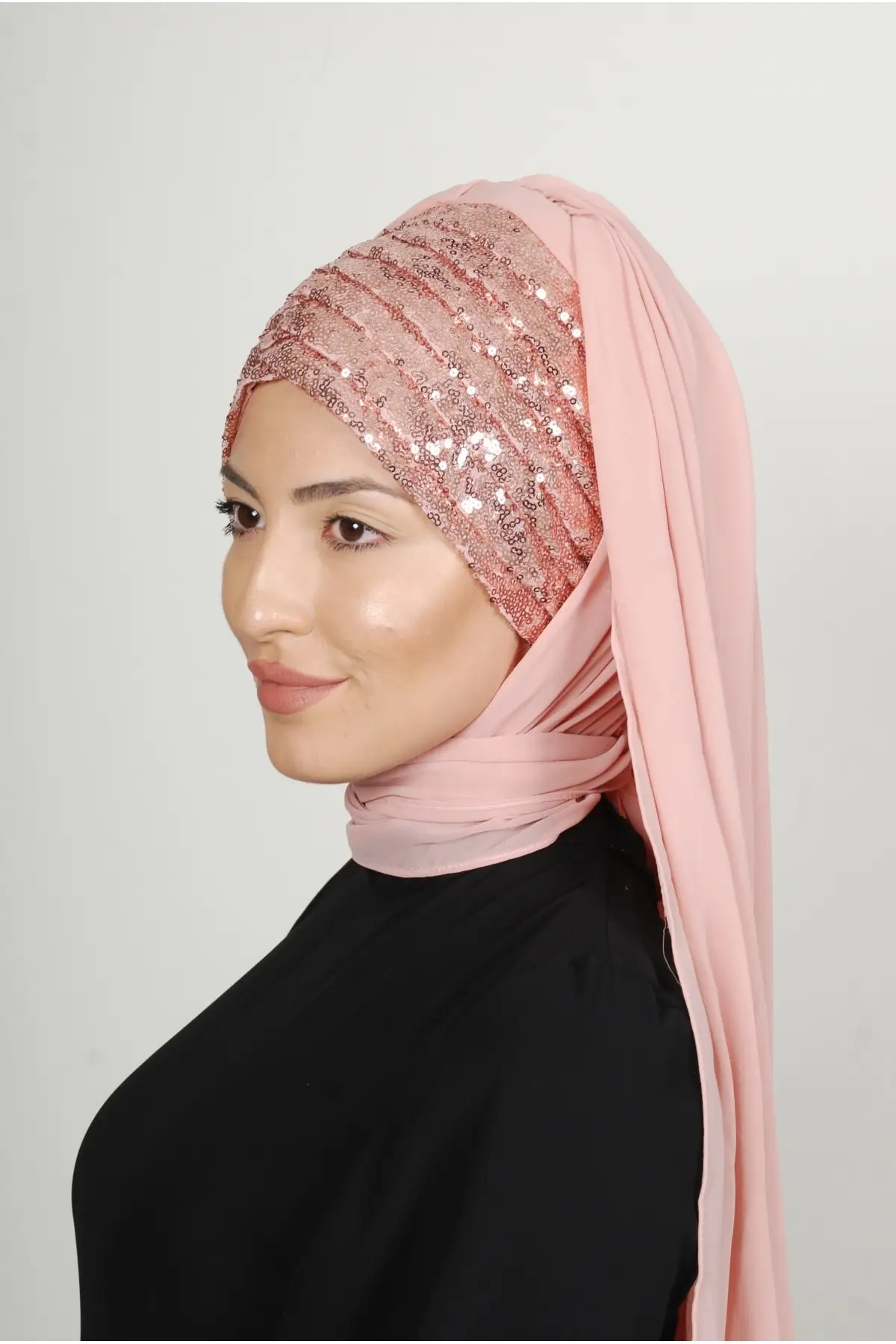 Instant Hijab Front Sequined Shirred Bridal Veil
