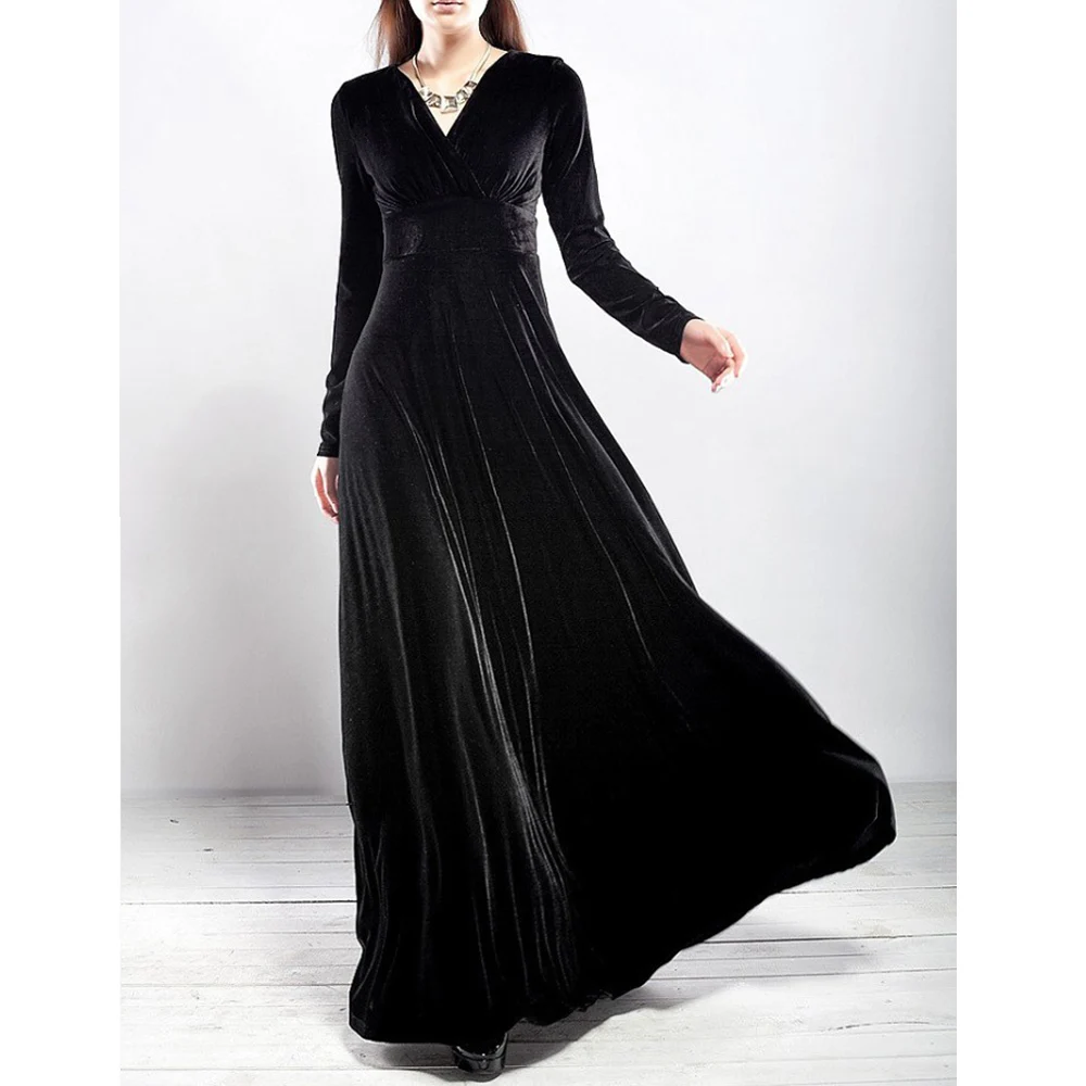 Plus Size 4XL 5XL Women Winter Dress Long Sleeve V-Neck Long Maxi Velvet Dresses Elegant Ladies Formal Party Red Dresses black