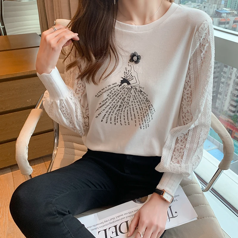 Fashion elegant Women\'s lace Tshirt Casual Tops printing T Shirt Basic bottoming shirts Ladies o-neck Long Sleeve Tee Shirt