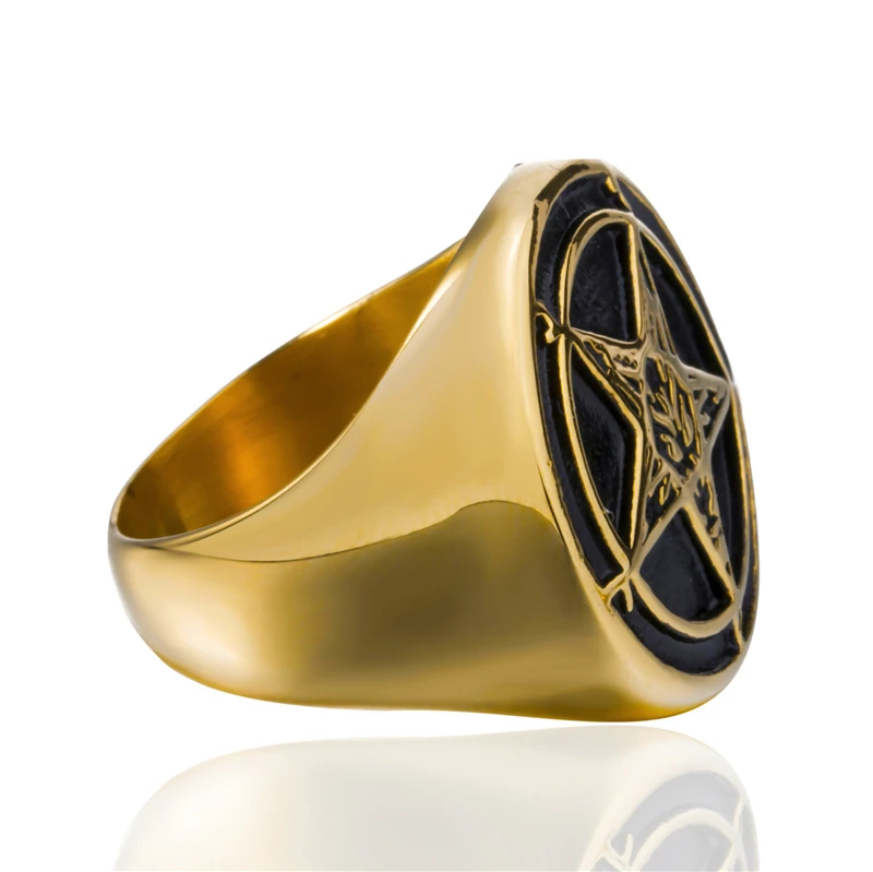 Elfasio Mens Gold Plated Satanic Baphomet Goat Pentagram Devil Stainless Steel Ring Vintage Symbol Jewelry Size 7-15