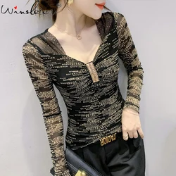 Spring European Clothes T-Shirt Sexy Patchwork Mesh Print Letter Shiny Diamonds Women Tops Long Sleeve Tees New 2022 T18404A