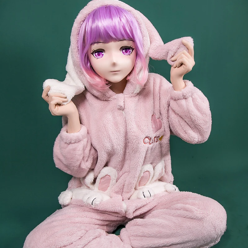 (Type G)Customize ManiaJuns Crossdress Full Head Flesh Color Latex Hood Anime Face Resin Kigurumi Mask Male To Female Doll Mask