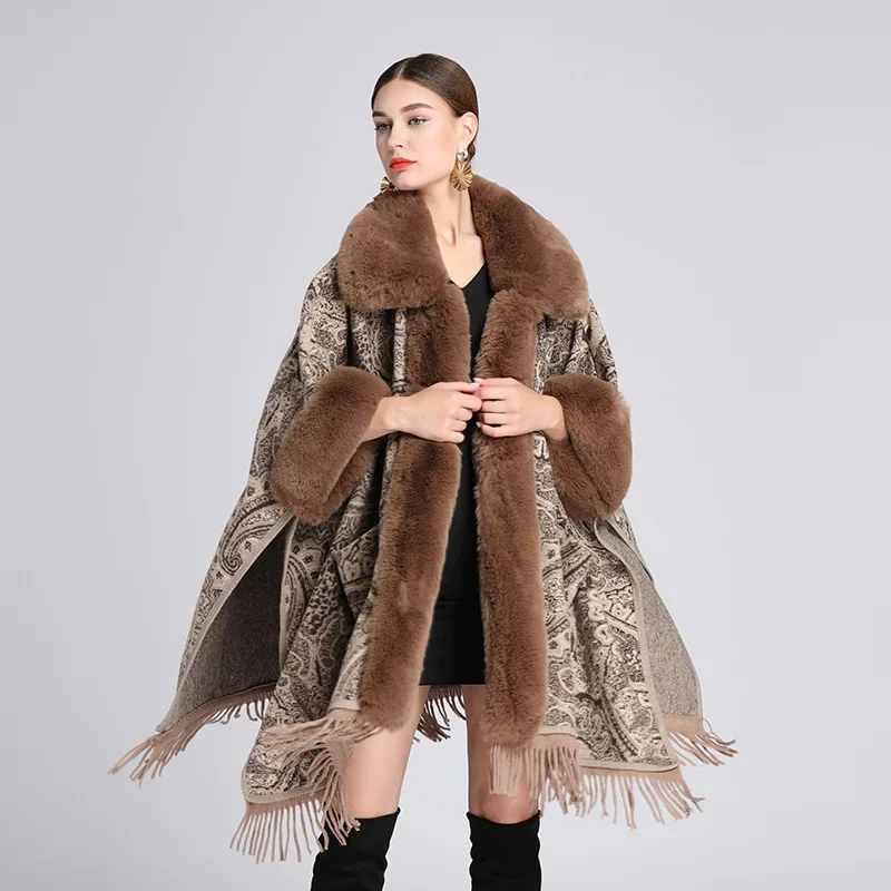 Big Version Soft Warm Wool Blends Cape Coat Fashion Faux Rex Rabbit Fur Overcoat Pocket Jacquard Cloak Winter Women Wraps Lapel