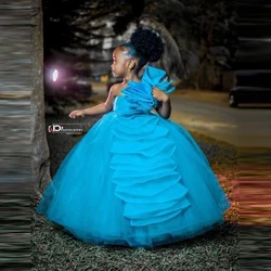 Kids Pageant Dresses Ball Gown Beaded One Shoulder Handmade Pleated Blue Organza Prom Gown Flower Girls Dress for Wedding Party