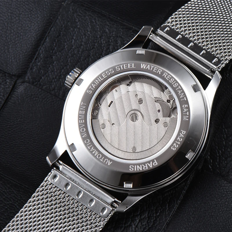 Parnis 41.5MM White Dial Mechanical Automatic Men Watches Stainless Steel Case Calendar Mesh Strap Wristwatch Top Luxury Brand