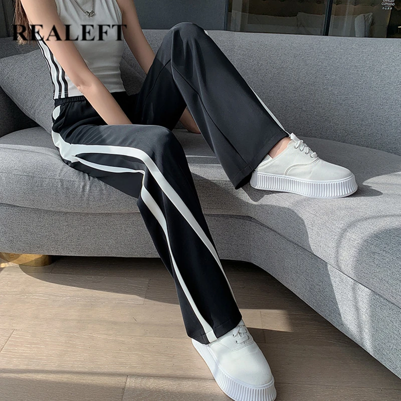 REALEFT 2022 New Colorblock Wide Legged Women's Pants Spring Vintage High Waist Loose Lace Up Casual Trousers Sweatpants Female