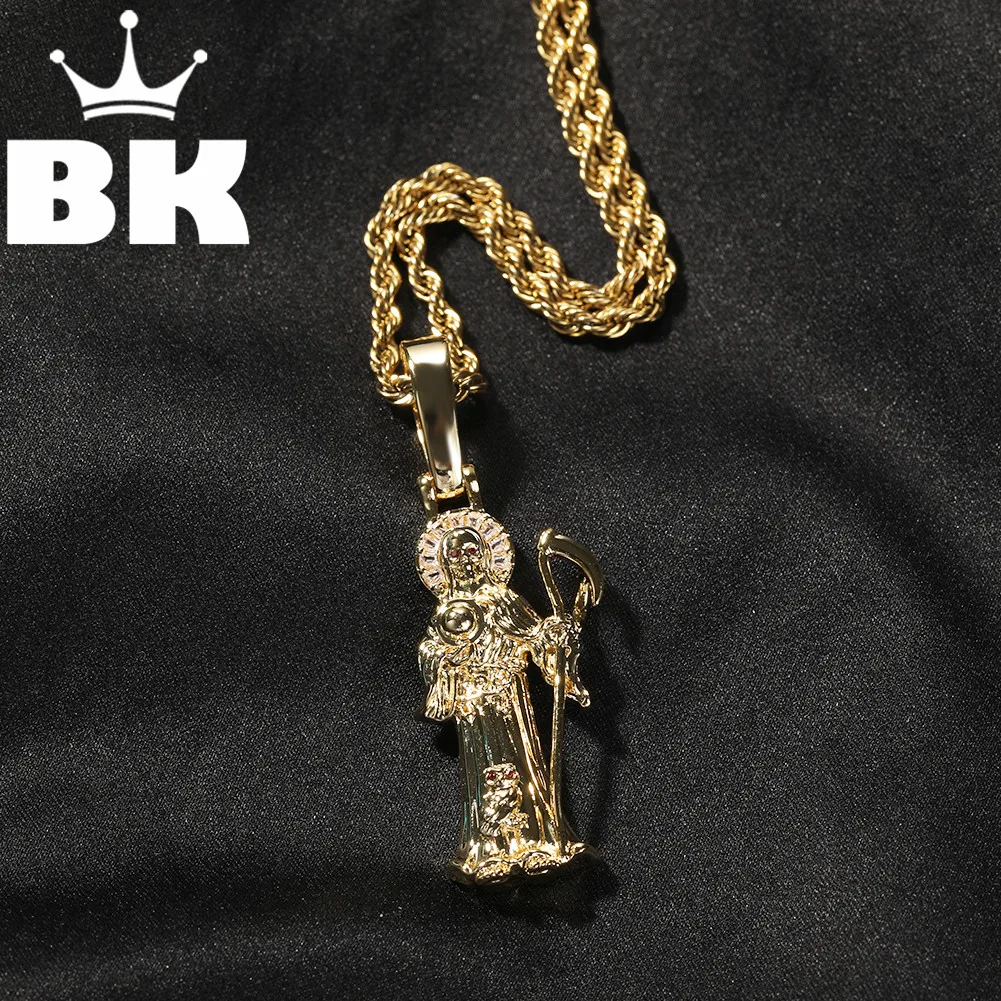 THE BLING KING 14K Gold Plated Grim Reaper Santa Muerte Death Angel Charm Pendant Necklace Paved Cubic Zirconia Hip Hop Jewelry