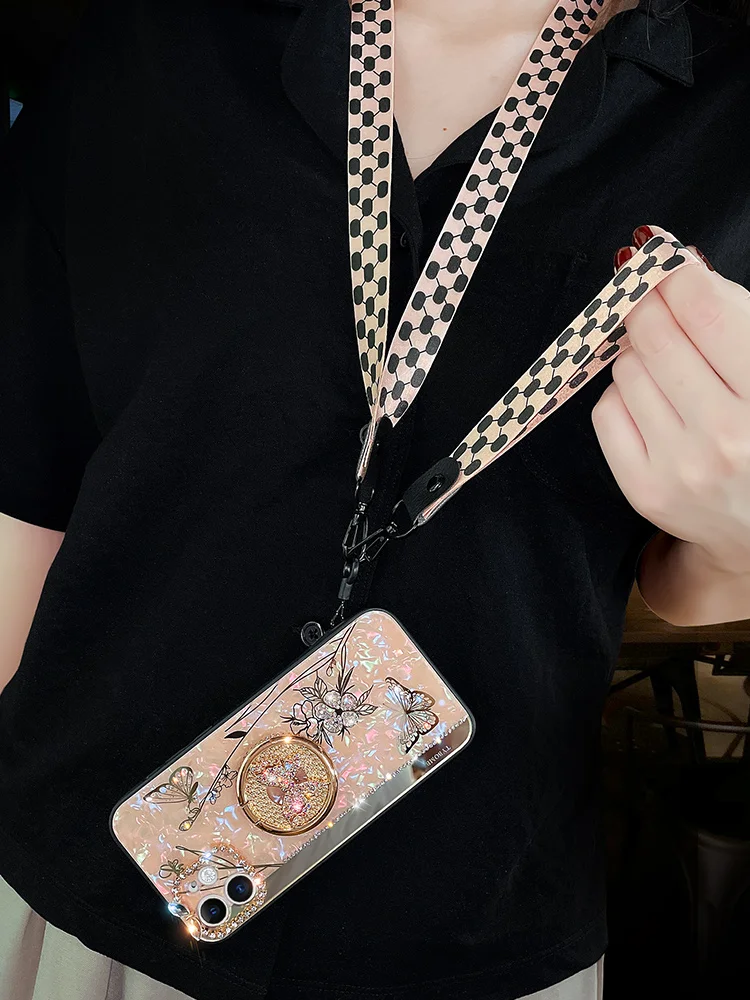 فاخر بريق الماس فراشة حامل قضية الهاتف ، الحبل بلينغ غطاء آيفون 15 ، 14 ، 13 ، 12 ، 11 برو ماكس ، X ، XR ، XS ، 7 ، 8 Plus