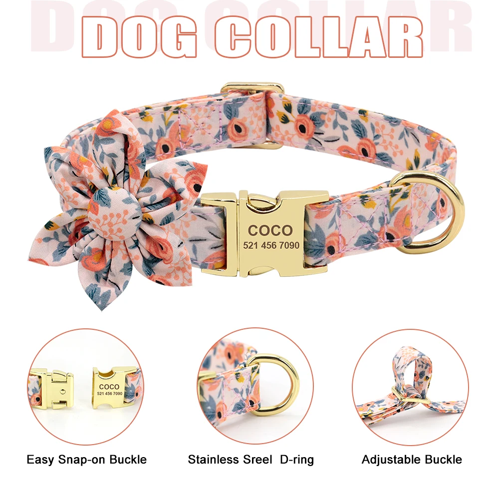 Personalized Nylon Dog Collar Leash Harness Poop Bag Set Adjustable Printed Dog Collars Harnesses For Small Medium Large Dogs