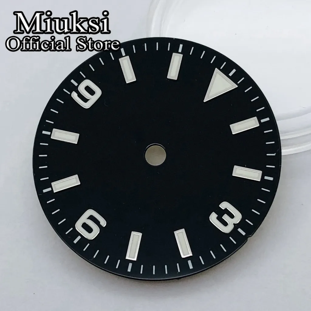 Miuksi 29mm black watch dial green luminous fit NH35 NH36 ETA2824 2836 Mingzhu DG2813 3804 Miyota 8205 8215 821A PT5000 movement